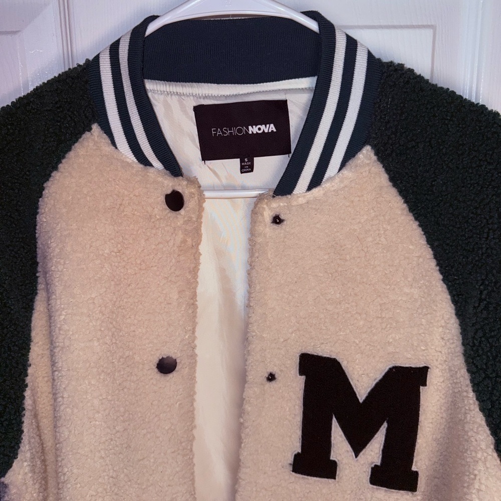 Fashion Nova Cream and Black Varsity Jacket - Picture 3 of 6
